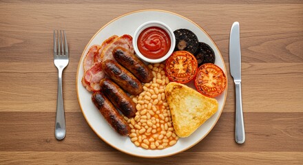 Indulge in a hearty Full English Breakfast, complete with sizzling sausages, crispy bacon, and perfectly cooked beans, all served on a rustic wooden table.