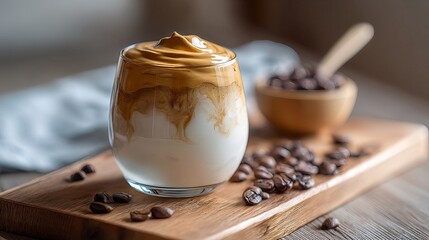 Delicious Creamy Dalgona Coffee Drink in Glass Trendy Beverage Recipe Homemade Coffee Whipped Coffee Brown Sugar Coffee Recipe Sweet Coffee Drink Tasty Coffee food foam milk cafe  