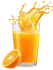  Fresh orange juice with pulp, ice cubes, and orange slice on transparent background