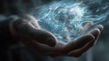 Fototapeta premium A person holding a blue ball of light