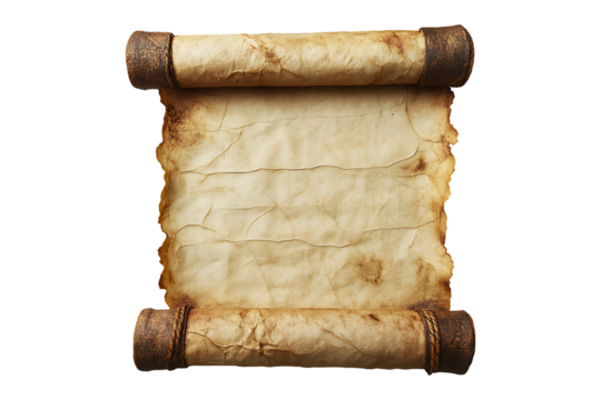 Old mediaeval paper sheet parchment scroll isolated on a transparent background