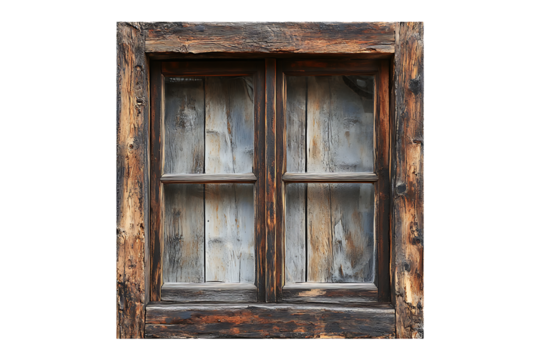 Old big brown wooden window frame isolated on a transparent background
