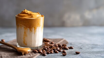 Delicious Creamy Dalgona Coffee Drink Recipe Trendy Whipped Coffee Beverage in Glass with Coffee Beans on Rustic Fabric Background Tasty Refreshing Summer Coffee hot food cafe milk