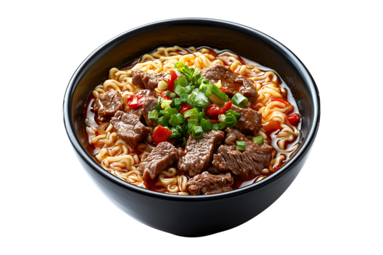 Noodles with beef in black bowl isolated on a transparent background - Powered by Adobe