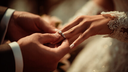 Fototapeta premium Wedding Ring Ceremony Closeup of Bride and Groom Exchange Rings