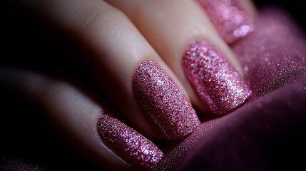 Closeup Shot of Elegant Pink Glitter Nail Polish Manicure on Woman's Fingers Luxurious Sparkling Pink Nails Beauty Fashion Trend art care hand girl shine style macro image color   