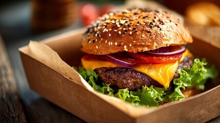 Juicy Delicious Cheeseburger in Cardboard Box Fresh Lettuce Tomato Red Onion Sesame Bun Gourmet Fast Food Restaurant Meal Tasty Burger Patty Melted Cheese eat beef meat lunch yummy
