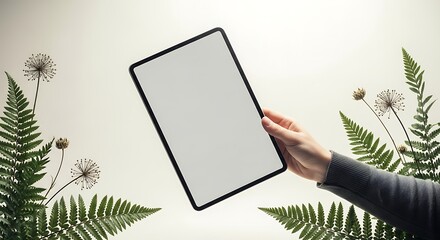 Hand holding a blank tablet surrounded by ferns and dandelion seeds on white