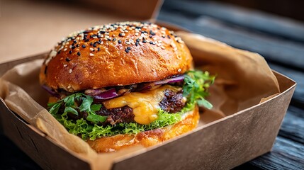 Delicious Juicy Burger in Cardboard Box Gourmet Food Photography Restaurant Menu Tasty Beef Patty Sesame Bun Fresh Lettuce Red Onion Melted Cheese Appetizing Fast Food Meal eat    
