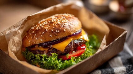 Delicious Juicy Cheeseburger in Cardboard Box Sesame Bun Beef Patty Melted Cheese Lettuce Tomato Red Onion Fast Food Restaurant Meal Gourmet Burger Appetizing Food Photography eat 