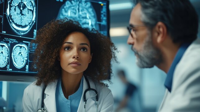 an african american female doctor is studying brain scans with a male doctor in the background at the hospital to examine a patient's medical condition and provide a diagnosis - Powered by Adobe