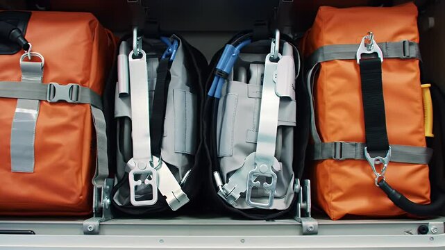 Organized Orange and Black Emergency Medical Bags with Silver Straps in Compartment at Eye Level