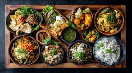 Delicious Asian Fusion Food Platter Diverse Dishes Wooden Tray Restaurant Gourmet Meal Culinary Experience Exquisite Presentation Vibrant Flavors Healthy Eating Fresh Ingredients  