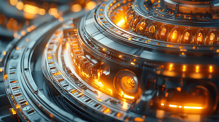 A close up of a metallic object with a yellow glow