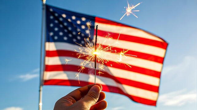 Hand holding bright sparkler in front of waving american flag under blue sky
- Powered by Adobe