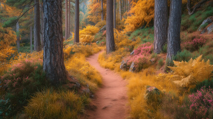 Obraz premium Soft trail meanders through picturesque forest filled with vivid autumn colors. Trees adorned with golden leaves create a serene setting in nature, ideal for outdoor adventures