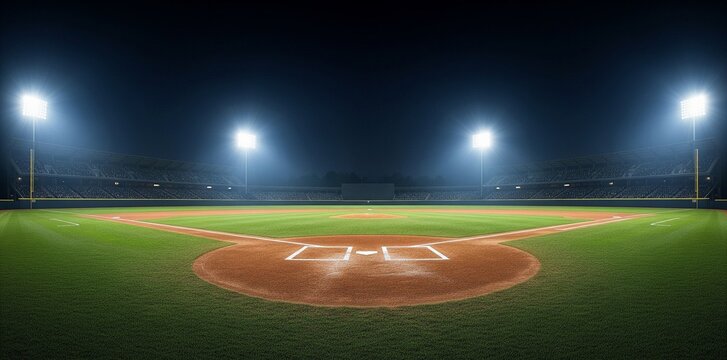 Baseball stadium at night, illuminated by floodlights, highlighting home plate. Epic atmosphere, ready for action.
