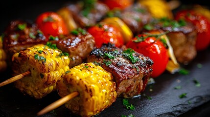 Delicious Grilled Beef Kebabs with Corn and Tomatoes Summer Barbecue Recipe Food Photography Gourmet Meal  Tasty Grilled Meat Skewers Healthy Eating Delicious Food bbq cook carb   