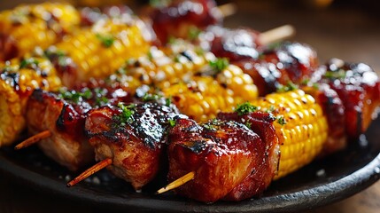 Delicious Grilled Pork Skewers with Sweet Corn Barbecue Recipe Summer Food Photography Tasty Grilled Meat and Corn on the Cob Appetizer Barbecued Pork Skewers Grilled Food bbq meal