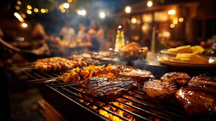 Delicious Grilled Steaks Kebabs Summer BBQ Backyard Party Night Food Photography Golden Hour Warm Lighting Tasty Meat Cookout fire meal smoke juicy dinner family foodie recipe     