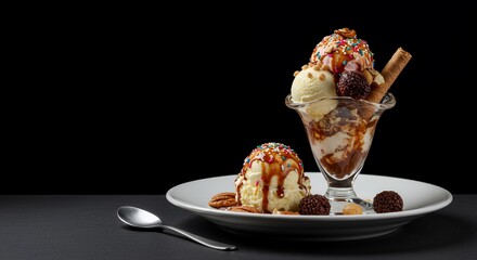 Indulge in Decadence: A Gourmet Ice Cream Sundae with Sprinkles, Nuts, and Chocolate Delights Beckons