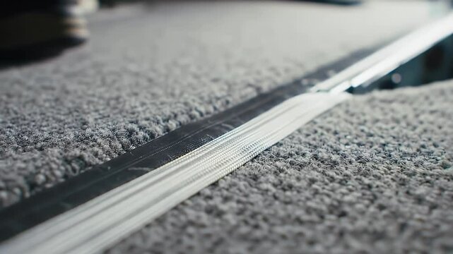 Silver Metal Threshold Strip Separates Two Sections of Light Gray Carpeting