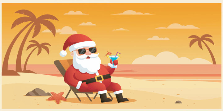 Playful vector illustration of Santa Claus relaxing on a tropical beach, wearing sunglasses and enjoying a cocktail