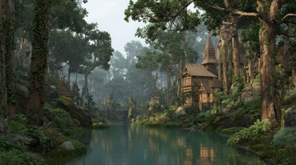 Fototapeta premium Scenic forest landscape with river flowing through lush trees and greenery