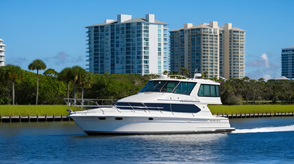 High-end cabin cruiser idling on the Florida Intra-Coastal Waterway with condominium apartment buildings on the Waterway shoreline in the background.