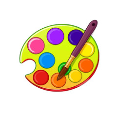 Colorful paint palette with brush isolated on white background