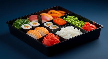 Indulge in a vibrant and healthy sushi bento box, a delightful assortment of fresh fish, rice, vegetables, and pickled ginger, perfectly portioned for a satisfying and visually appealing meal.