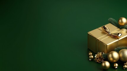 Obraz premium Gold gift box with christmas ornaments on dark green background