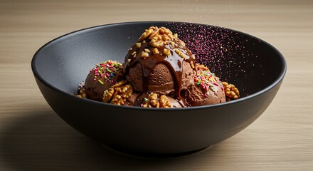Indulge in Decadence: A Symphony of Chocolate Ice Cream, Walnuts, and Sprinkles in a Sleek Black Bowl