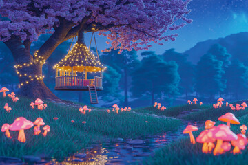 Obraz premium Enchanted Nighttime Glow A Luminous Treehouse Swing Under Purple Cherry Blossoms Amidst Glowing Mushrooms and Misty Forest Magic