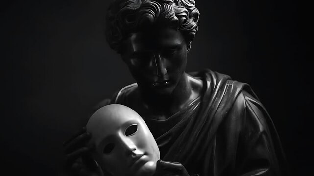 Stoic man statue with a mask in hand