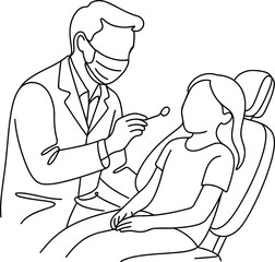 One line drawing of a smiling male dentist examining young girl patient with dental mirror tool