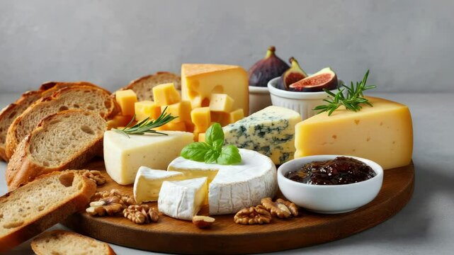 Assorted cheeses, bread slices, figs, and nuts arranged on wooden platter
