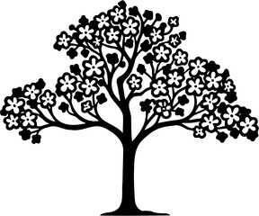 cherry blossom tree line art vector illustration, isolated on white