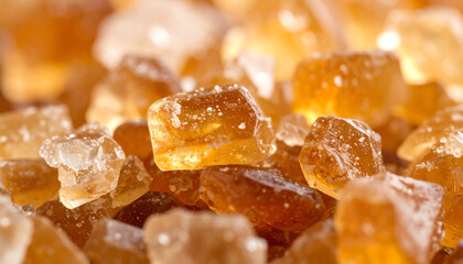 Close-up view of golden brown sugar crystals, highlighting their texture and rich color, perfect for culinary uses.
