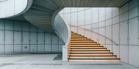 Fototapeta premium Modern Curved Concrete Staircase with Illuminated Wooden Steps Warm Amber Glow Against Industrial Gray Walls in Minimalist Architectural Design