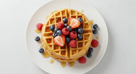 Golden-brown waffles, drizzled with maple syrup, are adorned with a vibrant medley of fresh blueberries, raspberries, and strawberries, creating a mouthwatering breakfast scene.