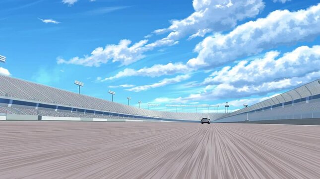 A race car speeds down the track from the pole position during a time trial 