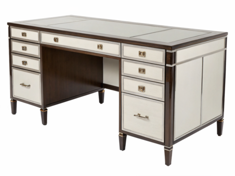 stylish white executive desk with drawers, isolated PNG transparent background