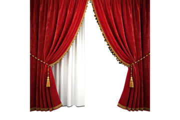 Luxurious red velvet curtains adorned with gold trim and tassels against black background