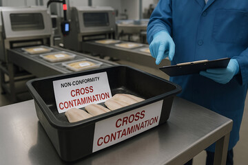 Cross Contamination and non-conformity warning labels on black tray with raw fish fillets during quality inspection in food production facility with inspector on background
