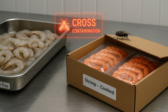 Cross Contamination issue with cooked shrimp exposed to fly presence near raw shrimp tray under digital warning in hygienic food safety and quality control zone - Powered by Adobe