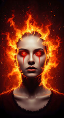 Fiery abstract art of a woman surrounded by flame-colored brushstrokes. Emotionally charged modern expressionism