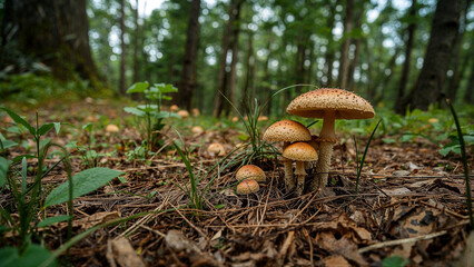 A peaceful forest clearing with wild mushrooms growing on the ground.