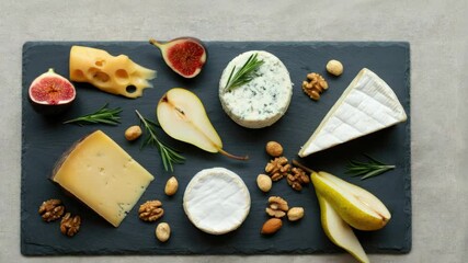 Assorted cheeses, figs, and nuts on slate board - Powered by Adobe