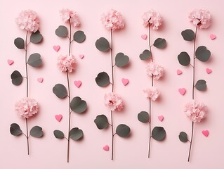 Pink Flowers with Green Leaves and Hearts Arranged Beautifully on Pink